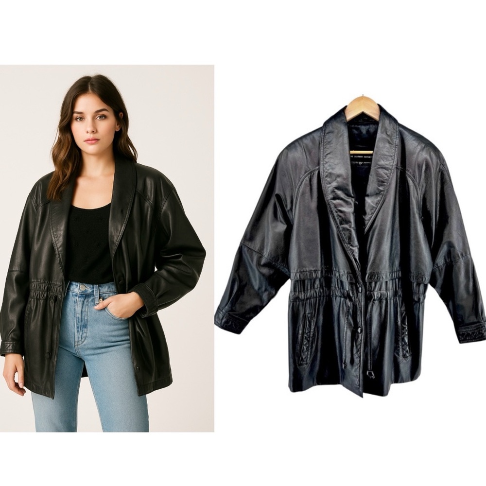 Vtg Wilsons Leather 80s Black Leather Jacket Sz L Cinch Waist Dolman Sleeve